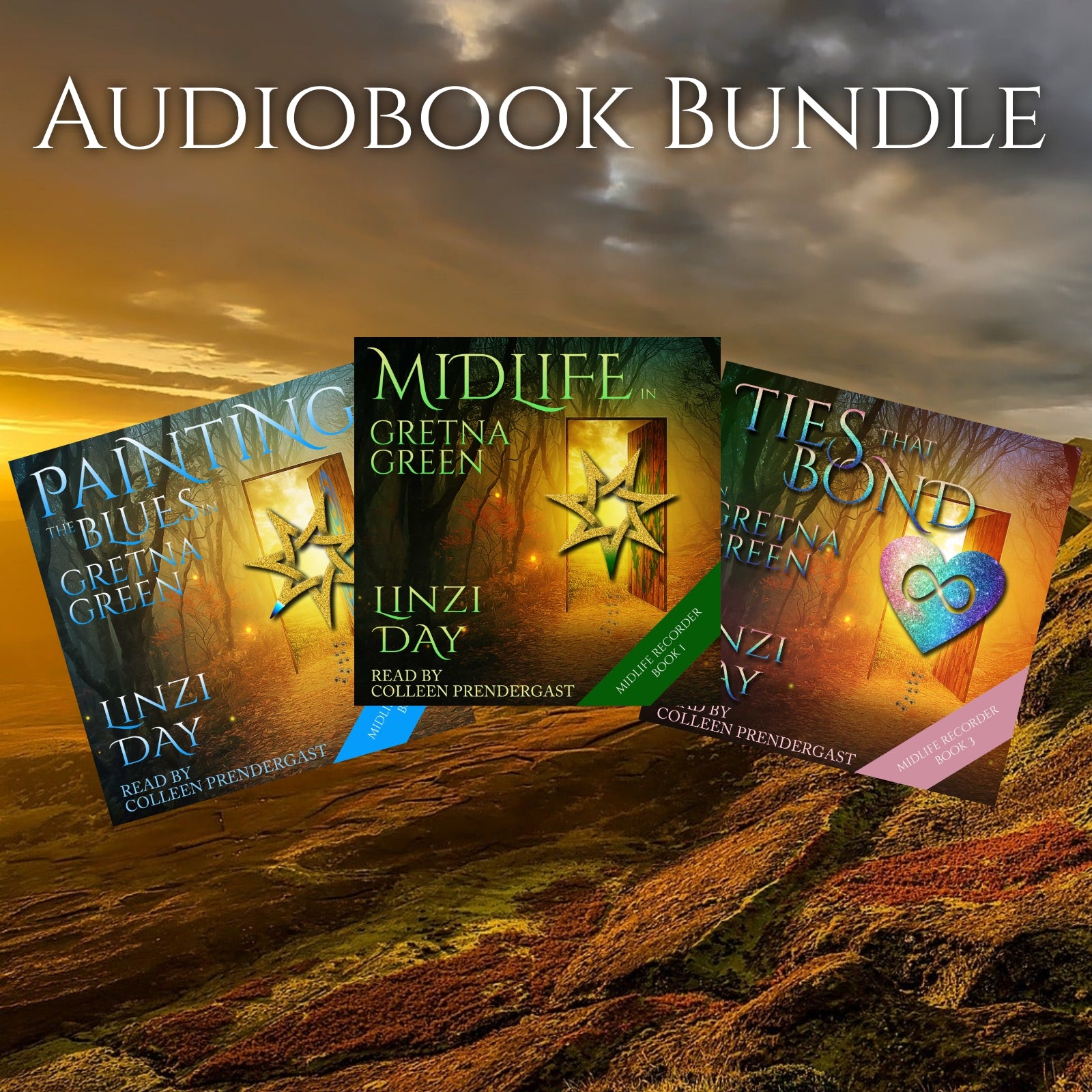Cozy Scottish fantasy audiobook bundle cover showing three Midlife Recorder book covers set against a dramatic Scottish landscape, representing a magical series with humour and adventure.